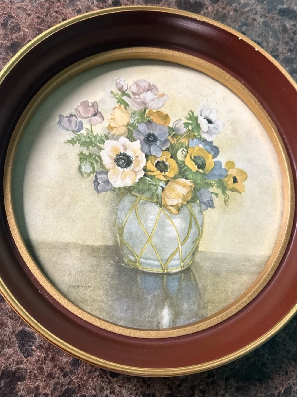 Vintage Round Floral Print in Burgundy And Gold Frame Flowers Art 9.25”